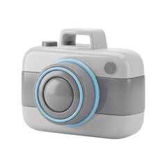 A white and gray camera with a blue ring on transparent background