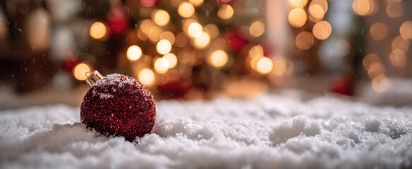 The red Christmas ornament resting on fresh snow with warm bokeh lights