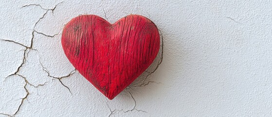 The Red Wooden Heart on a Cracked White Wall Symbolizing Love and Texture