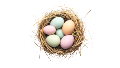 Minimalist Easter nest formed with thin straw lines, simple pastel eggs inside, clean modern composition, soft neutral tones, lots of copy space, flat-lay style, isolated on transparent background