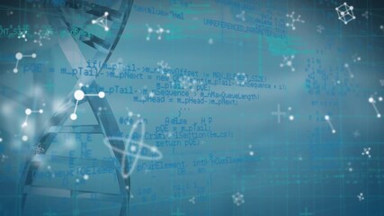 Animation of falling molecules over data processing and dna strand - Powered by Adobe