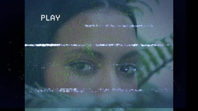 Vhs glitch camera effect over close up of eyes of african american woman
