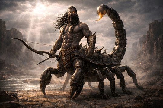 Mythic Scorpion Man Warrior in Ancient Desert Landscape