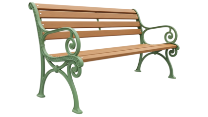 Green metal and wooden park bench on transparent background