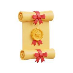 A 3D illustration of a yellow certificate with red ribbons on transparent background