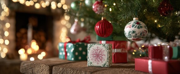 The Christmas tree ornaments and wrapped presents on a rustic wooden table by the fireplace