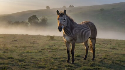 a zorse or  horse is standing in the fogy morning