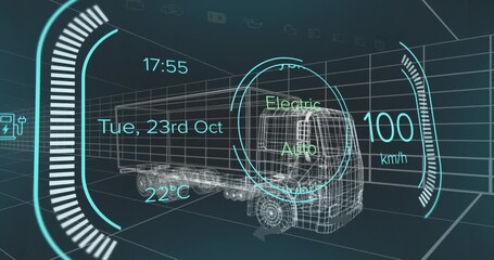 Animation of car interface over digital lorry model on black background - Powered by Adobe