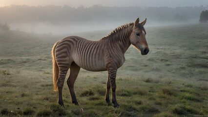 a zorse or  horse is standing in the fogy morning