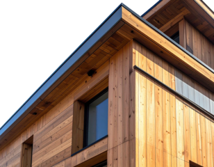 Close-up of modern wooden building with angled roof and windows