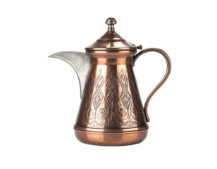Antique copper coffee pot with etched design, isolated on black
