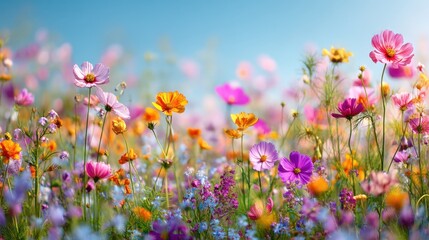 A flower field is filled with many colorful blooms under a clear blue sky. The scene shows pink orange and purple flowers growing together as sunlight shines on them.