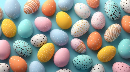 Fototapeta premium Brightly colored eggs are scattered on a blue surface showcasing various patterns and colors. This scene represents a spring celebration or egg hunt activity that brings joy.