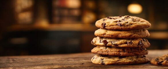 The Chocolate Chip Cookies Stacked on a Rustic Wooden Table in Warm Cafe Lighting