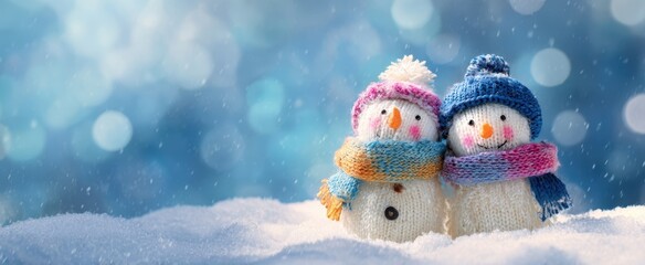 The snowmen wearing colorful scarves and hats in a snowy winter wonderland scene
