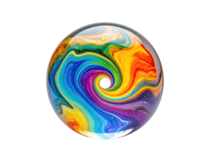 Vibrant swirl of colors within a transparent sphere, isolated on black