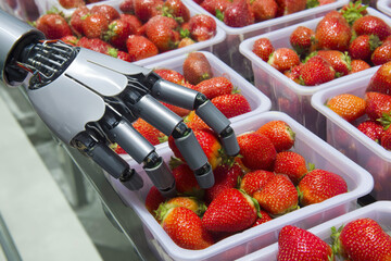 Robotic Hand Picking Fresh Strawberries from Containers in a Modern Facility