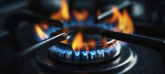 The gas stove burner with blue flames burning on a modern stovetop