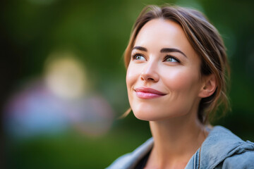 Smiling Woman Outdoors with Soft Expression and Emotional Connection