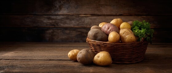 The Potatoes in a Rustic Wicker Basket on a Wooden Table with Parsley