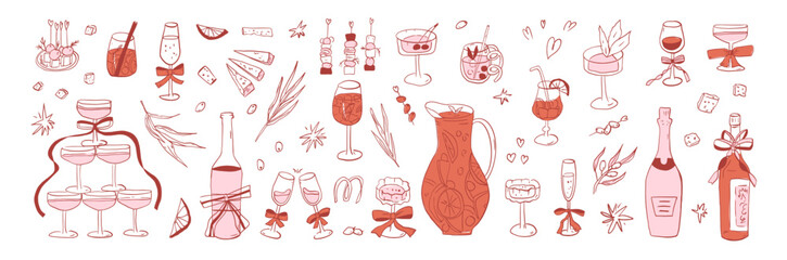 Whimsical coquette bachelorette party doodle. Mediterranean wine girly event hand drawn set. Sangria pitcher, wine, tapas hand drawn mocktail, snack elements. Vector sketch wineglasses, fruit, olive.