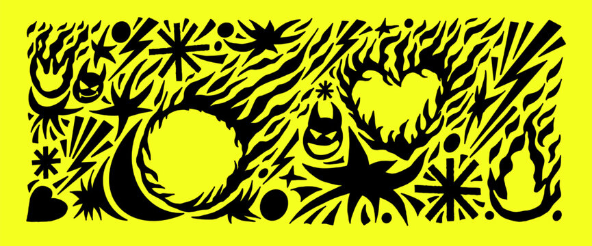 Fire, burned heart text boxes frames silhouette punk rock doodles composition. Scribble flames icons black paper cutout pattern set. Bonfire paper cutout collage background. Vector naive elements bg.