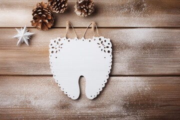 Naklejka premium Decorative angel wings ornament with pine cones and snowflake on a snowy wooden background