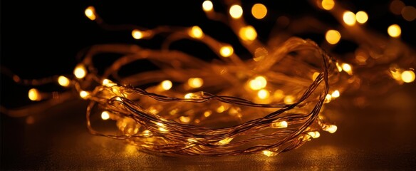 The string lights glowing in warm golden bokeh creating a cozy festive ambiance