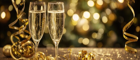 The Champagne Flutes Centerpiece with Golden Ribbons Bokeh Lights and Festive Celebration Ambiance