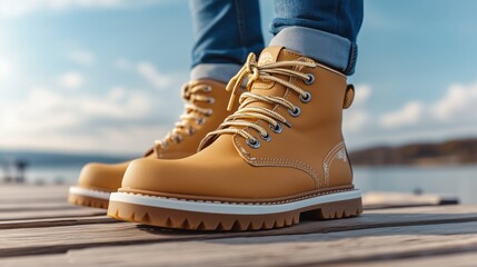 Stylish Yellow Hiking Boots with Laces on Wooden Dock