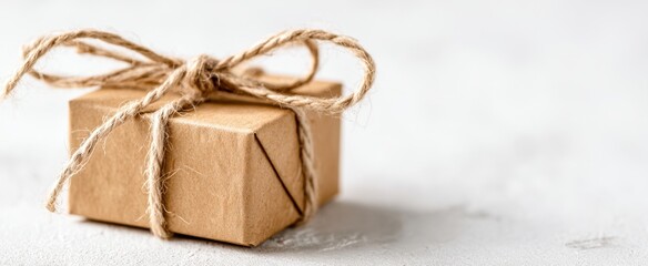 The Gift Wrapped in Brown Kraft Paper with Twine Bow on Light Textured Surface