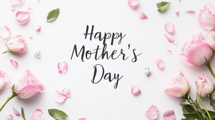 Happy Mother&rsquo;s Day Floral Greeting with Pink Tulips on White Background