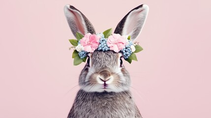 Cute Bunny with Floral Crown on Pink Background