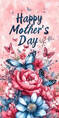 Happy Mother&rsquo;s Day Watercolor Floral Poster with Butterflies