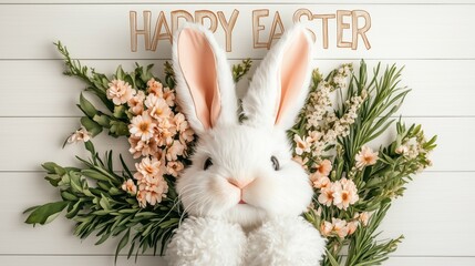 Happy Easter Decoration with Bunny Ears and Flowers