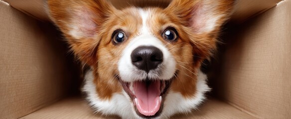 The Corgi Peeking Out of a Cardboard Box with Joyful Smile