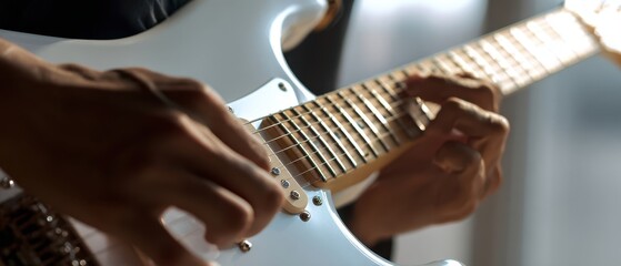 The electric guitar closeup showing hands playing expressive chords in a studio setting
