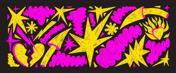 Neon colors hand-drawn doodle shapes. Abstract geometric figures oil pastel drawn. Crayon arrow, broken heart bob elements, stars and doodles punk form. Scribble irregular vector brush set isolated.