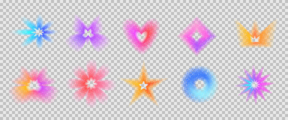 Y2K noise gradient icon Iridescent figures. Grain colorful rainbow gradation hearts and sparks dot airbrush spray shapes. Blinks orange and purple transition. Vector retro futurism figures isolated.