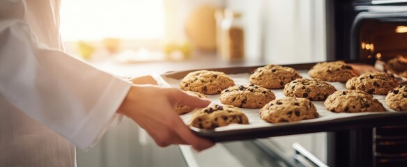 The Tray of Freshly Baked Chocolate Chip Cookies Being Removed From Oven