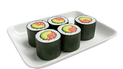 Salmon and Avocado Sushi Rolls on White Plate