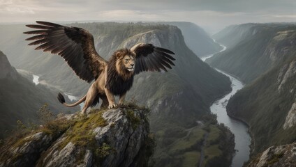 Fototapeta premium Majestic Winged Lion Perched on Mountain Peak Overlooking Winding River Valley.