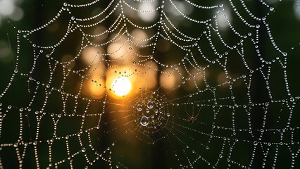 Macro closeup of a morning spider web covered in glistening dew drops and wet water droplets forming a natural pattern in the garden