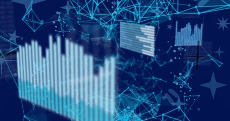 Animation of graph and data processing over networks of connections on dark blue background - Powered by Adobe