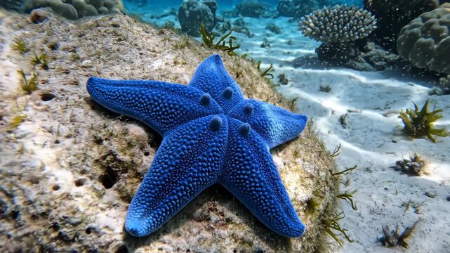 A vibrant blue starfish sits on a textured reef surrounded by sand, corals, and water bubbles