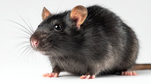 Rattus rattus portrait against a plain white background, realistic study of a small mammal