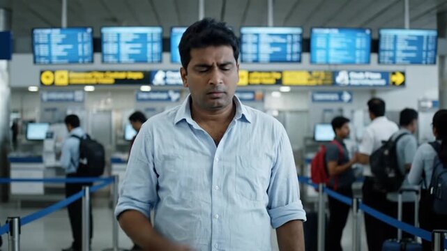 Tired Indian Traveler Yawning in Busy Airport Departure Terminal