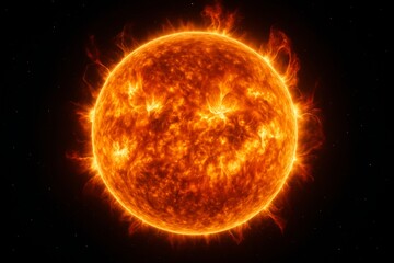 Glowing sun with solar flares and fiery surface emitting heat in deep space against a dark starry background, science and astronomy concept image. Ai generative