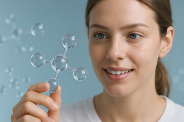 Woman holding transparent molecular model symbolizing scientific research and education on blue background, focusing on innovative science concept. Ai generative