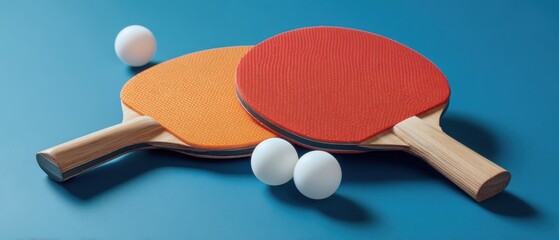 The Ping Pong Paddles with Balls on a Minimal Blue Background for Recreation